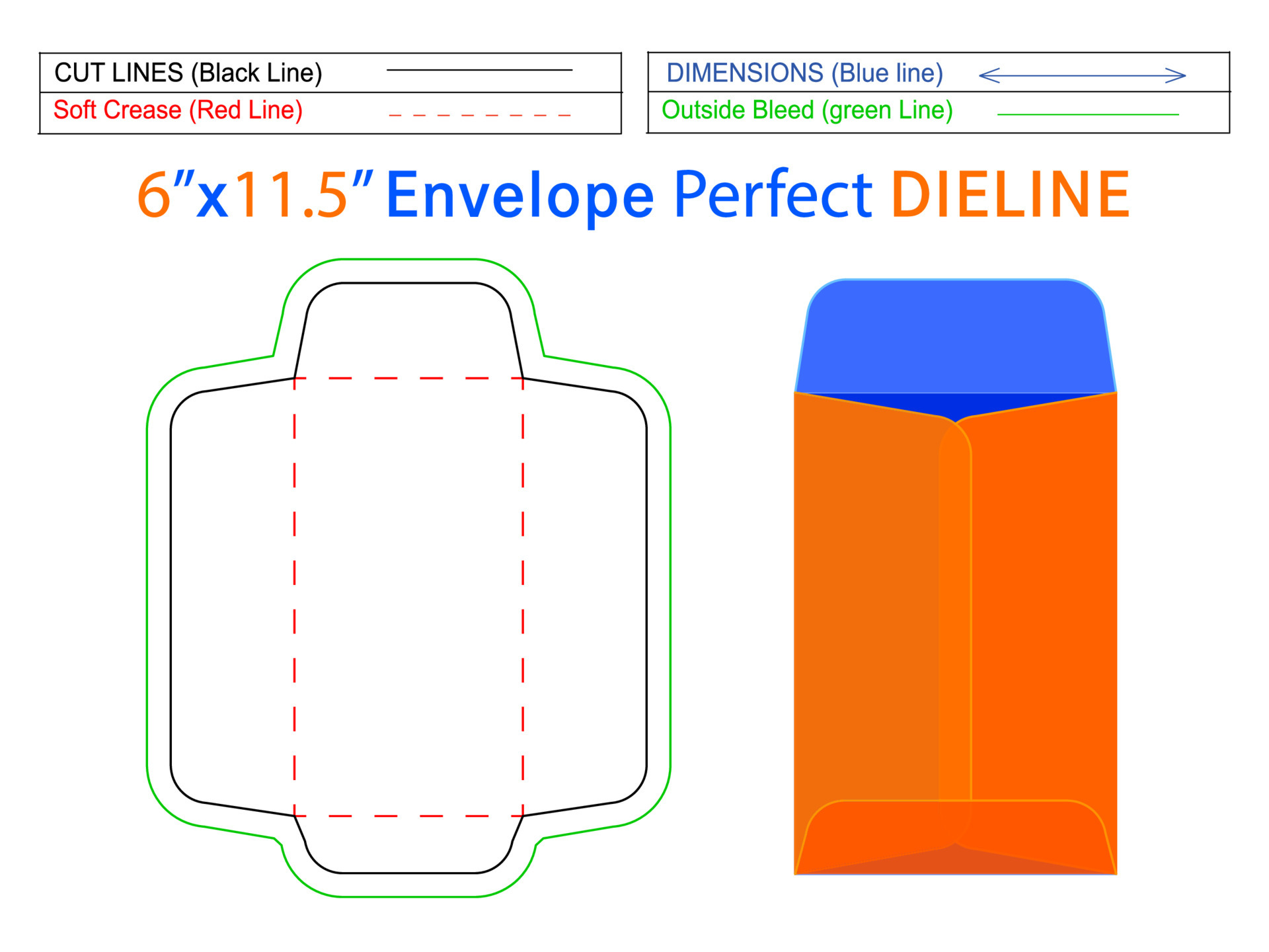 Packaging open end envelope or Catalog envelope 6x11.5 inch dieline template and 3D envelope