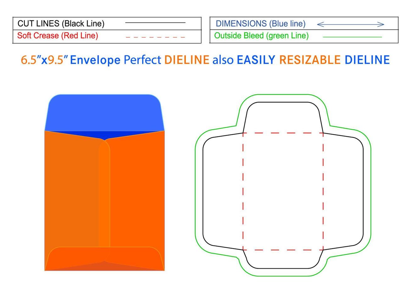 6.5x9.5 inchCatalog envelope or policy open end envelope dieline template and 3D envelope editable easily resizable vector