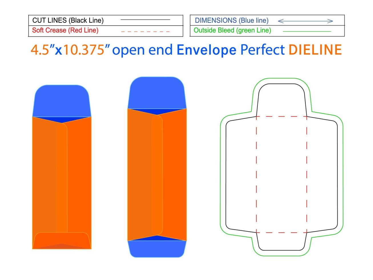 Editable easily resizable Packaging Catalog envelope or open end envelope 4.5x10.375 inch dieline template and 3D envelope vector