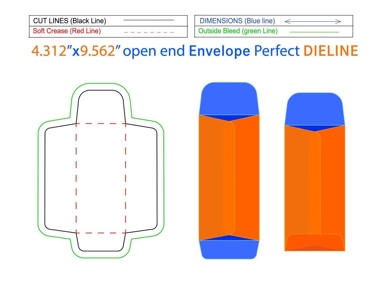 Editable easily resizable Packaging open end envelope or Catalog envelope  4.312x9.562 inch dieline template and 3D envelope vector