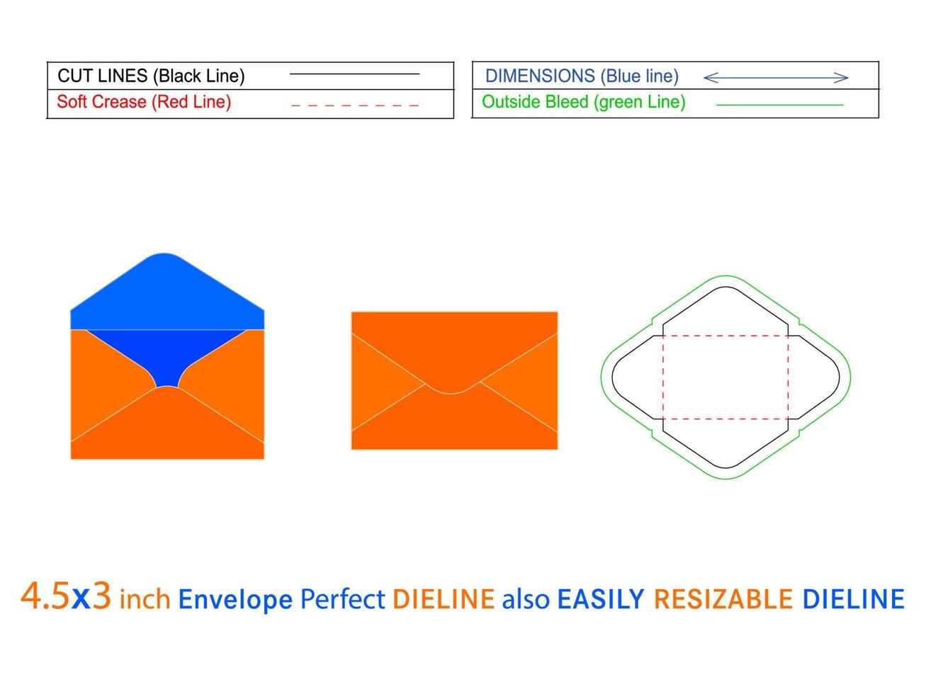 Plain mini envelope 4.5x3 inch dieline template and 3D envelope editable easily resizable vector