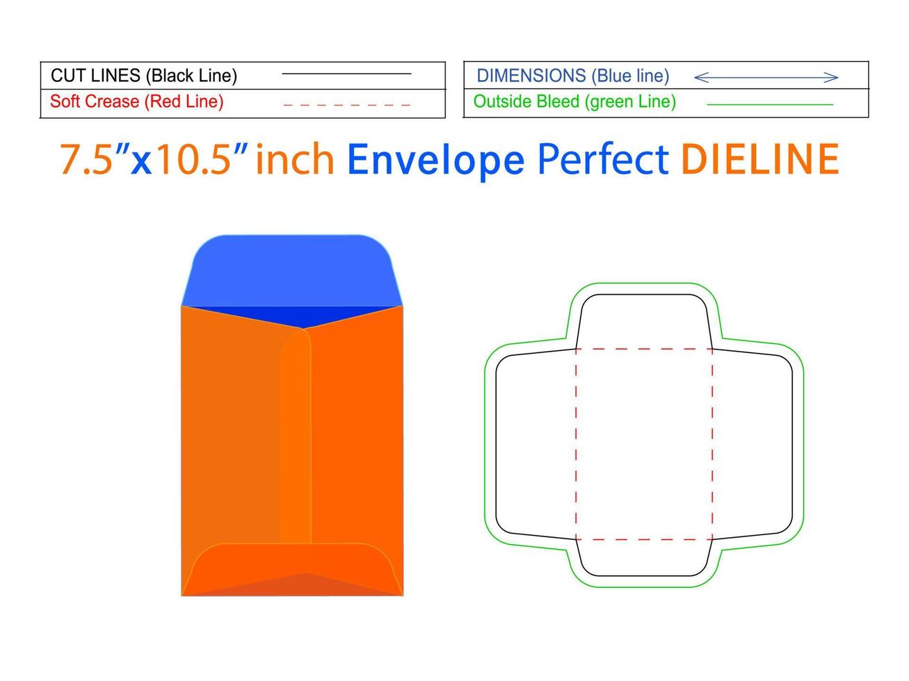 7.5x10.5 inch packaging open end envelope or Catalog envelope dieline template and 3D envelope editable easily resizable vector