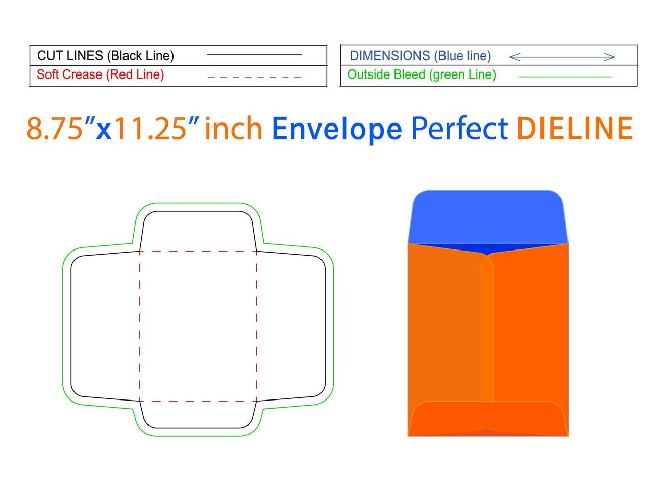 Editable easily resizable Packaging open end envelope or Catalog envelope 8.75x11.25 inch dieline template and 3D envelope vector