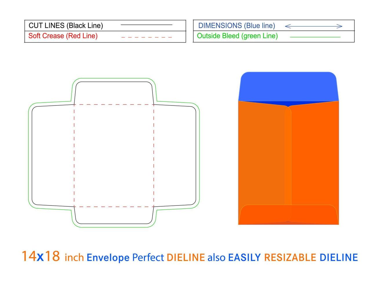 sobre de catálogo o póliza sobre de extremo abierto plantilla de línea de dieline de 14x18 pulgadas y sobre 3d editable fácilmente redimensionable vector