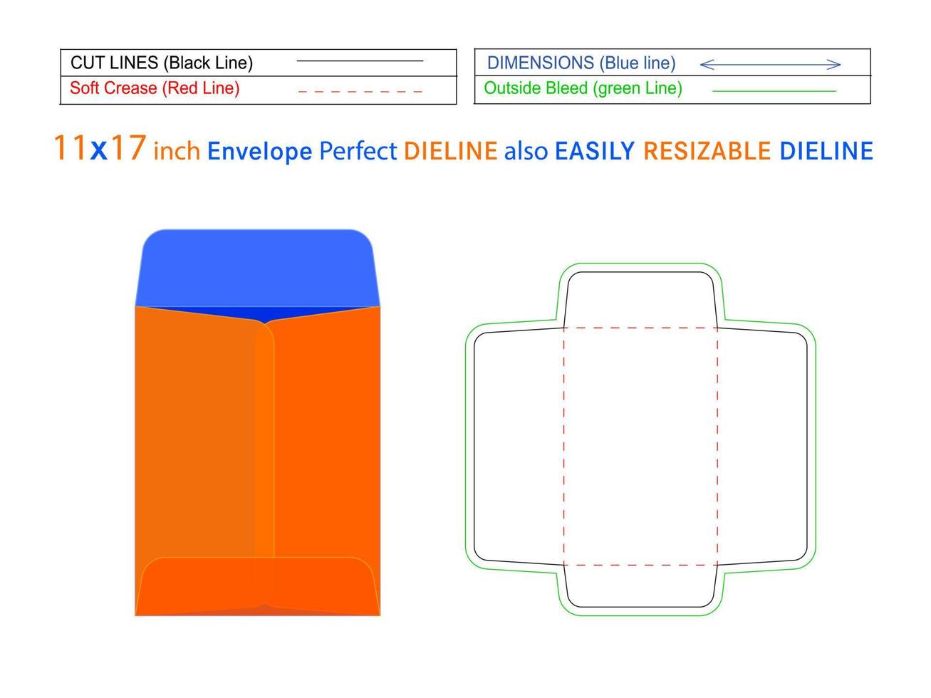 Open end envelope or Catalog envelope 11x17 inch dieline template and 3D envelope editable easily resizable vector
