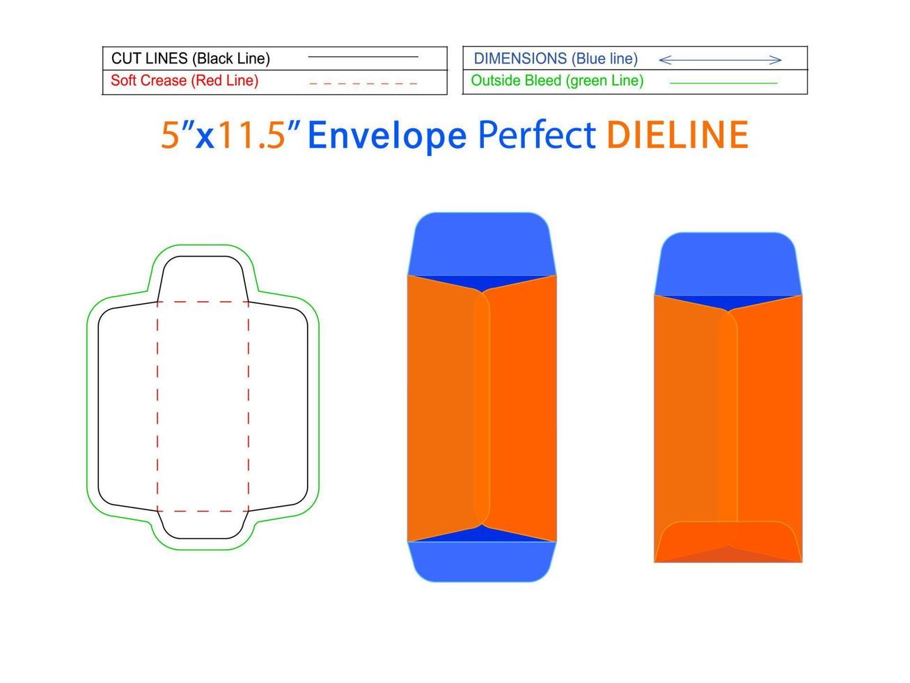 Editable easily resizable Packaging Catalog envelope or open end envelope 5x11.5 inch dieline template and 3D envelope vector