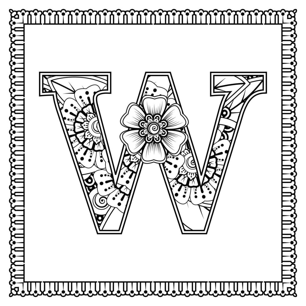 Letter W made of flowers in mehndi style. coloring book page. outline hand-draw vector illustration.