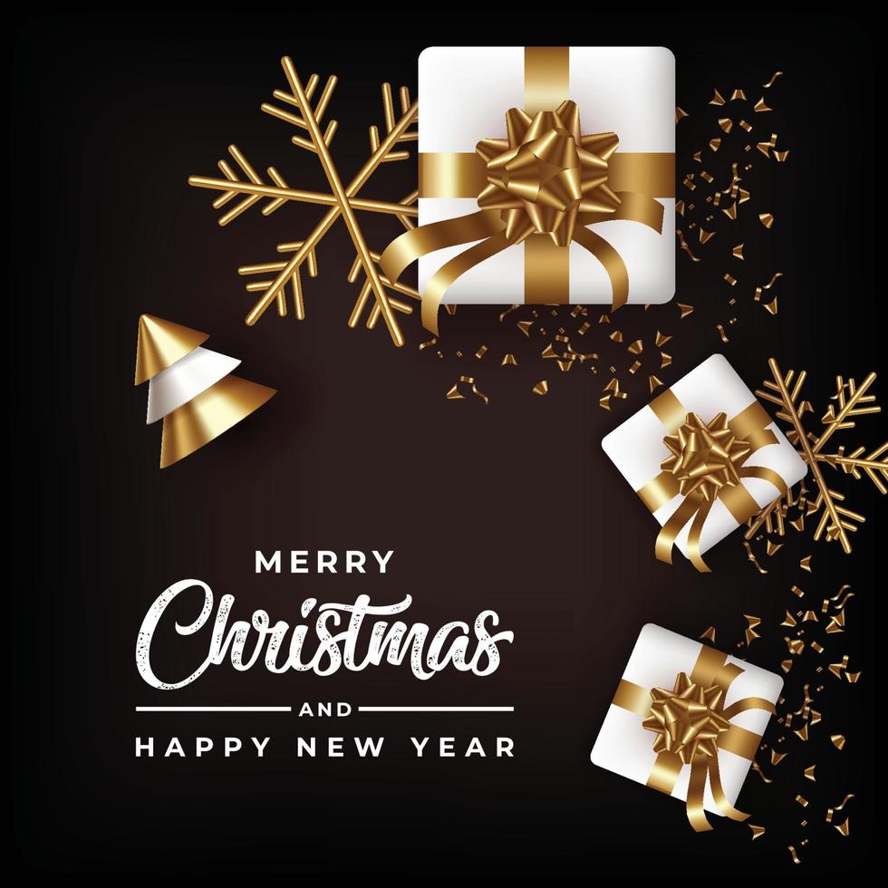Illustration of Merry Christmas and happy new year with realistic white gift box, golden cone vector