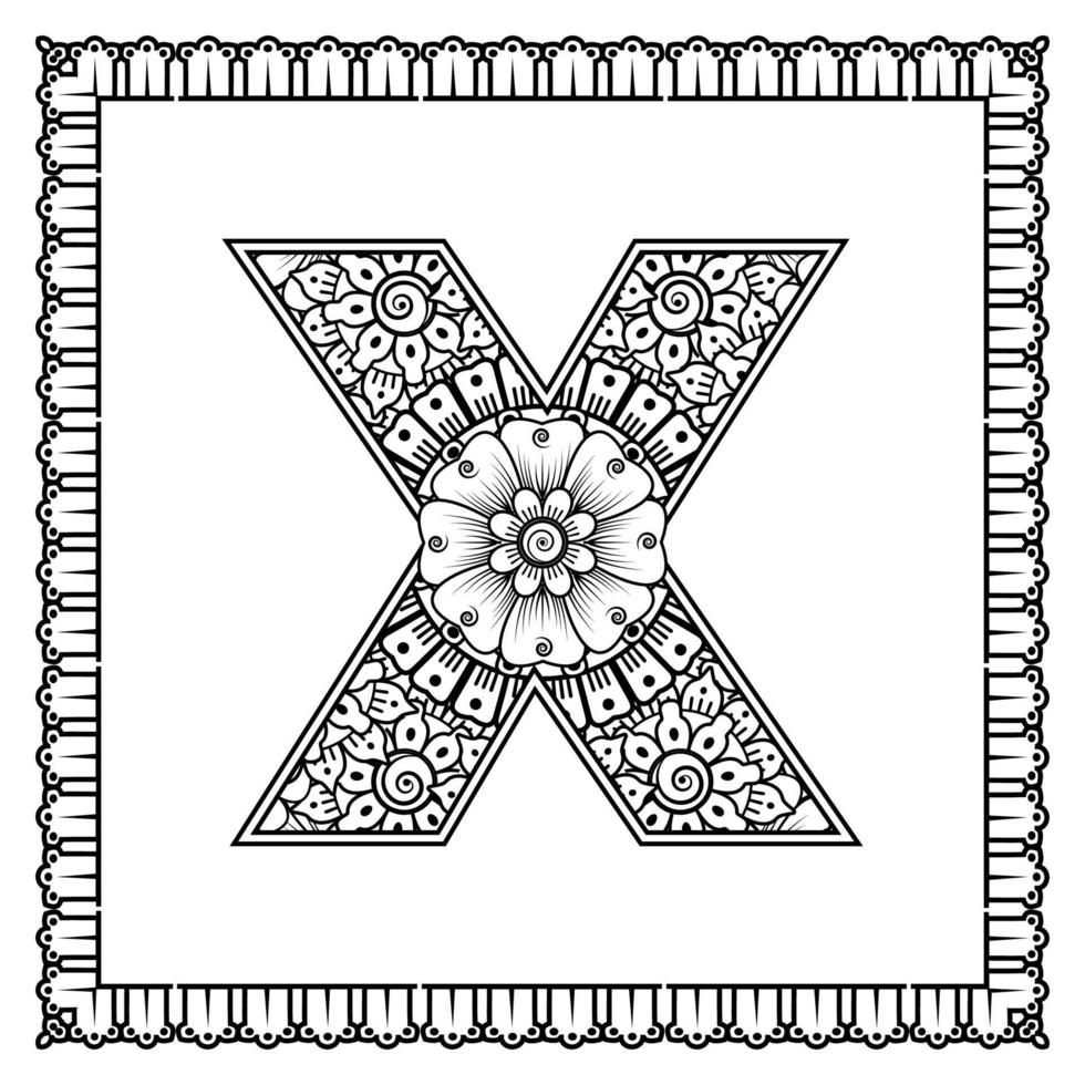 Letter X made of flowers in mehndi style. coloring book page. outline hand-draw vector illustration.