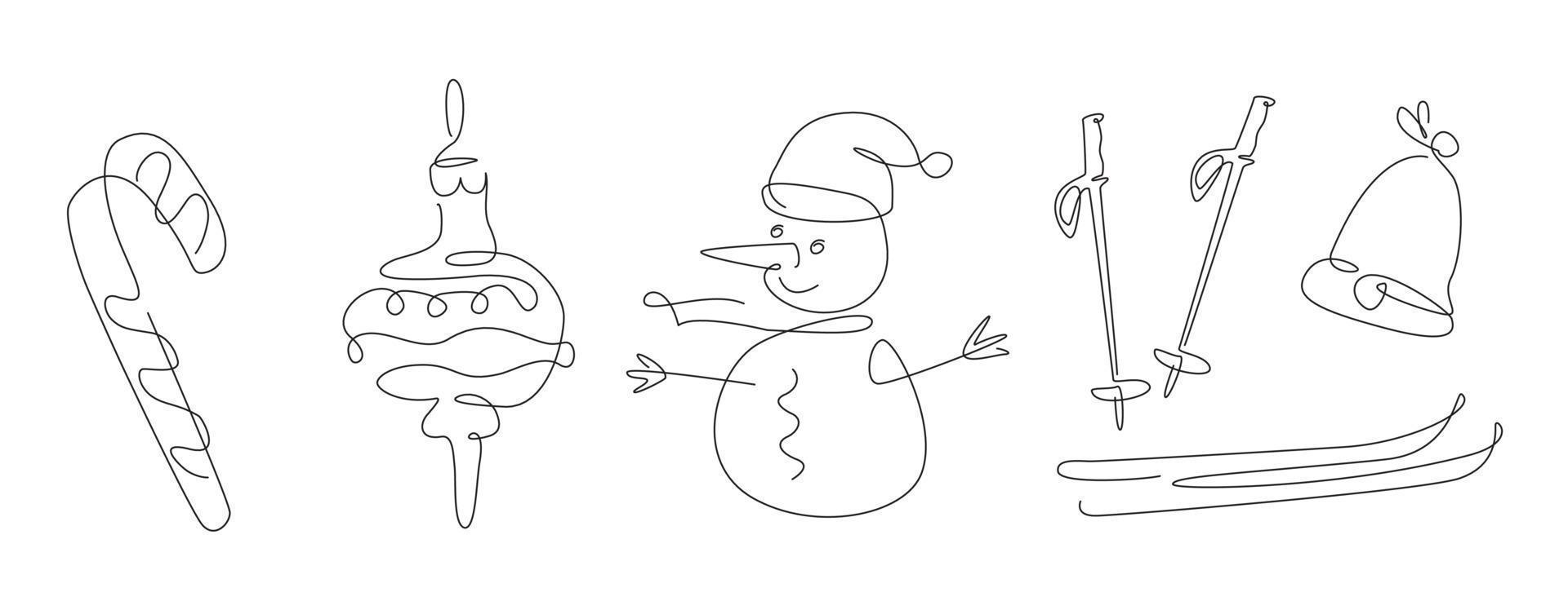 X-mas one line set. new year elements line art. merry Christmas Set with ski and snowman. socks continuous line. outline winter. vector