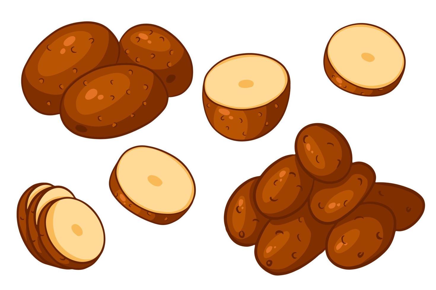 conjunto de patatas. papas enteras, cortadas en gajos, por la mitad. vector