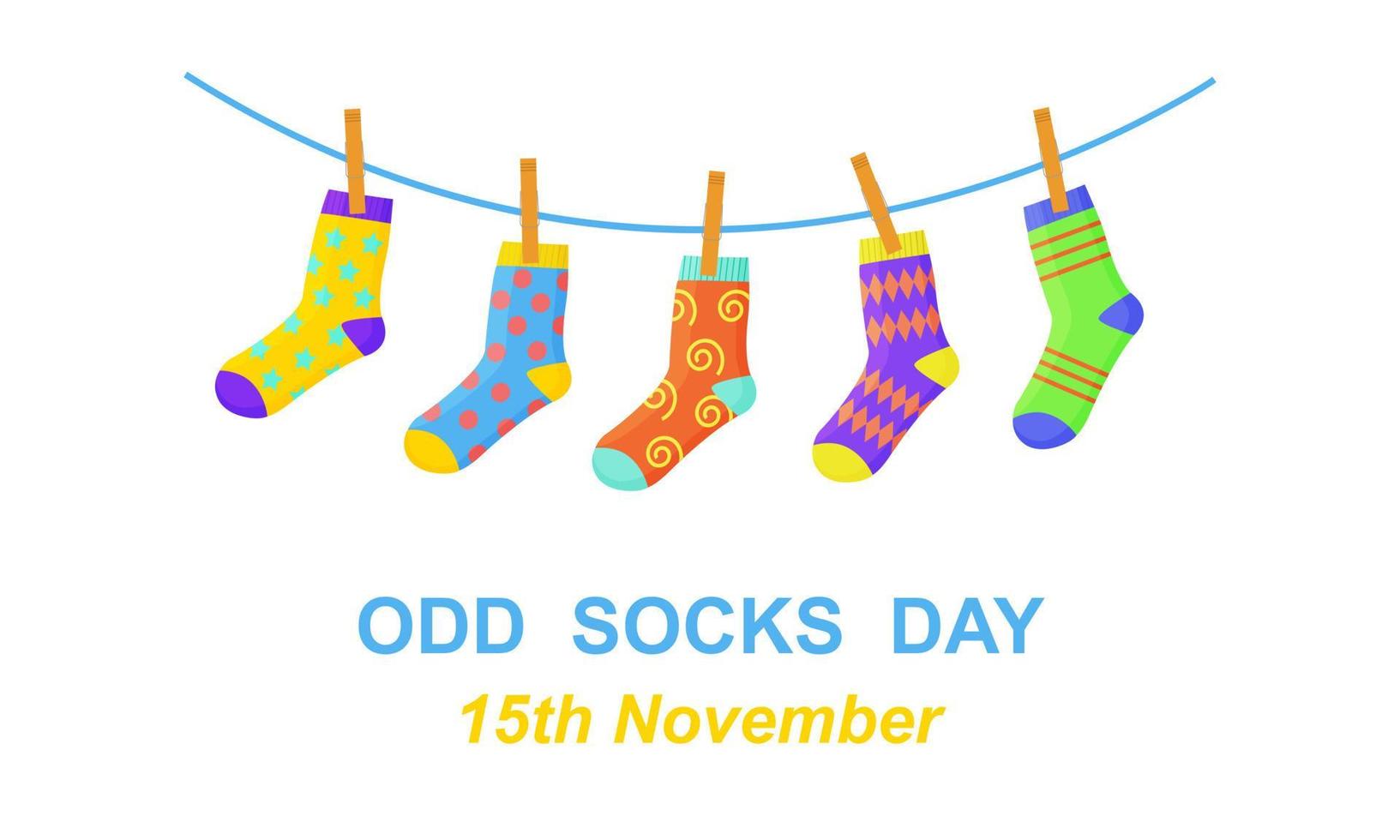 Odd socks day banner. Different colorful odd socks hanging on the rope vector
