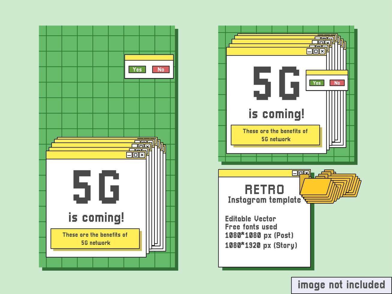 5g network social media template retro computer style vector