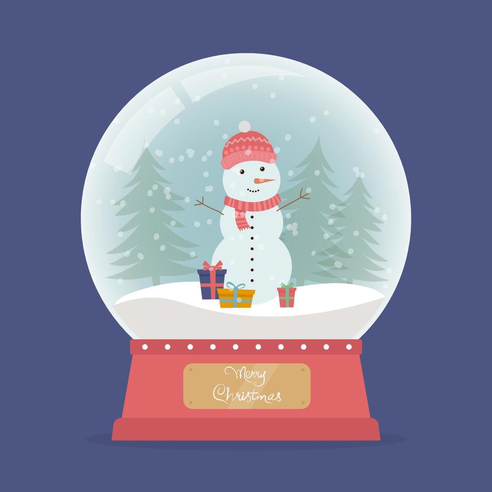 Christmas glass snow globe with snowman and gifts. New year glass ball. vector