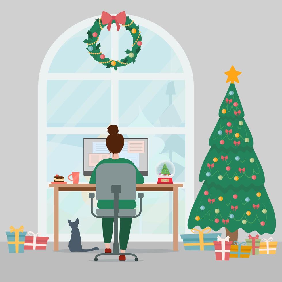 Woman working at home on computer. Cozy christmas creative workplace home office with christmas tree vector