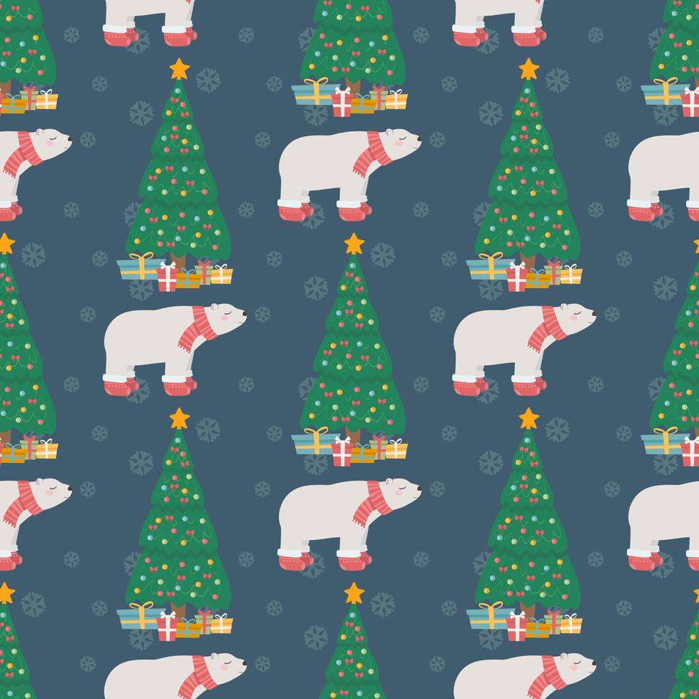 Christmas seamless pattern with polar bears and Christmas tree. vector