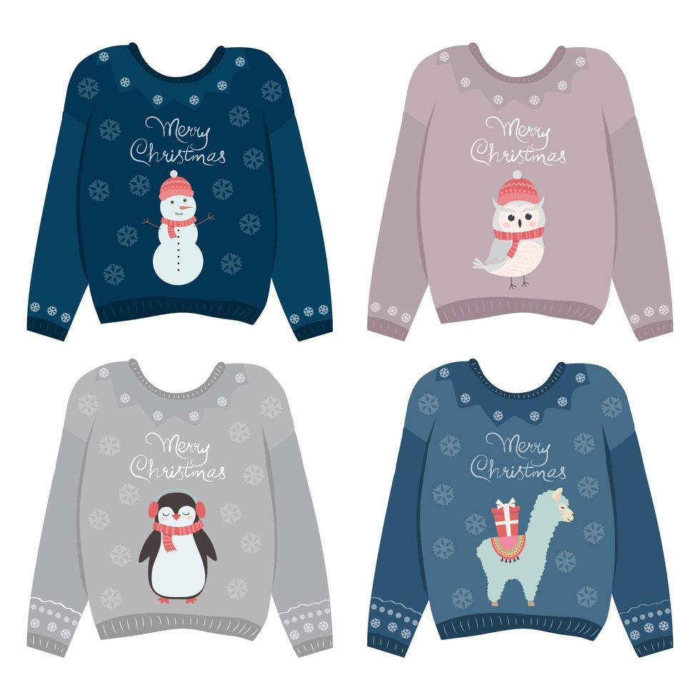 A set of Christmas cozy sweaters, winter holiday jumpers, with a snowman, penguin, snowy owl, llama. vector