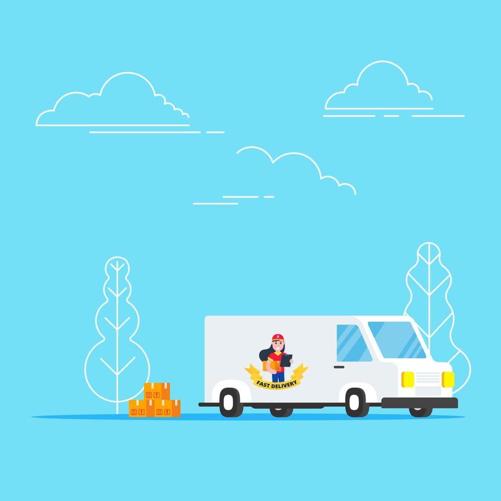 Fast red delivery vehicle car van and girl character with clipboard and trolley and boxes on it flat style design vector illustration isolated on light blue background. Symbol of delivery company.