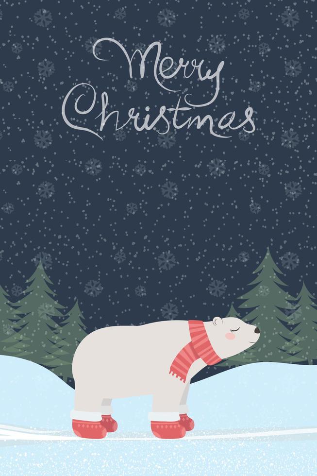 Christmas greeting card with a cute polar bear and the inscription Merry Christmas. vector
