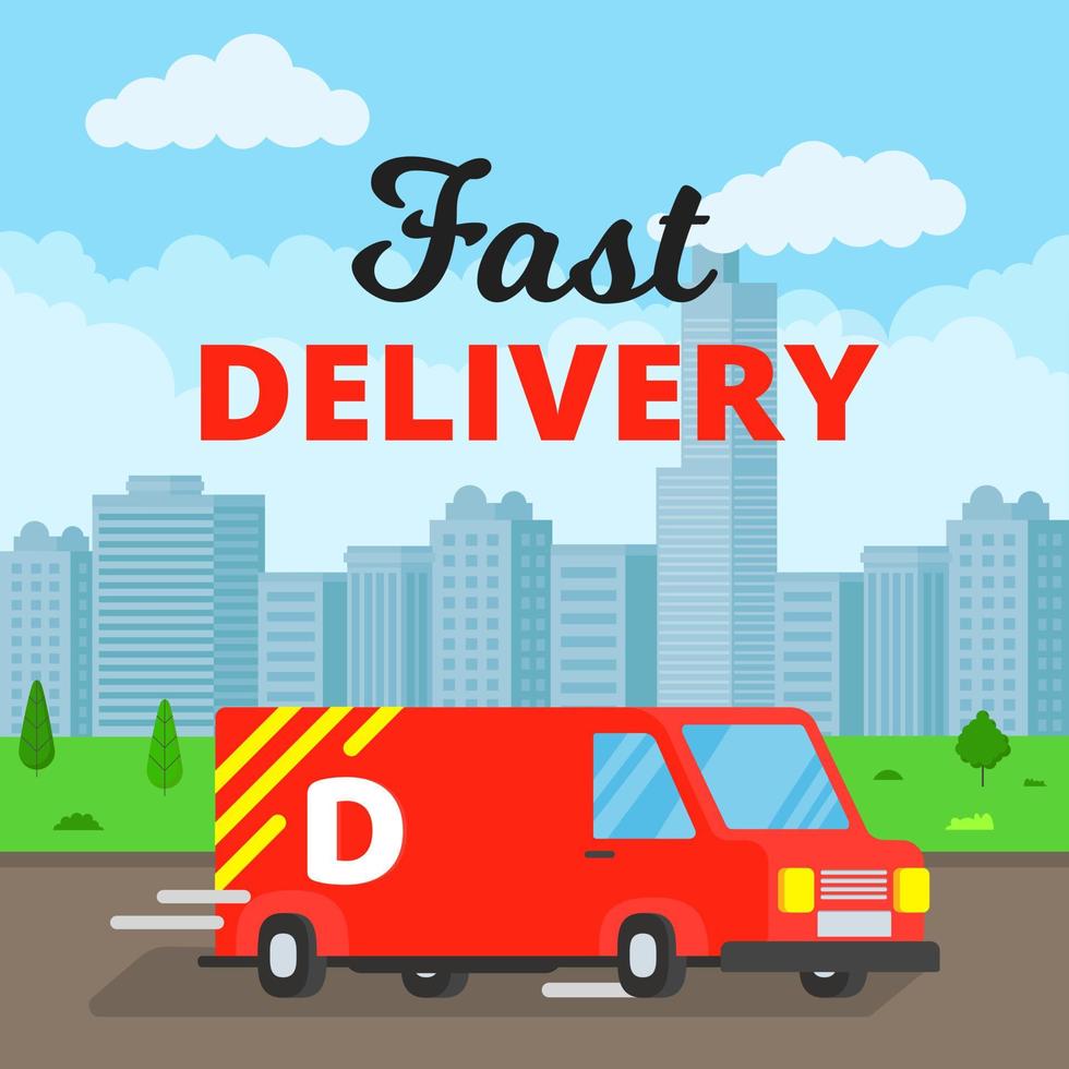 Fast delivery truck service on the road. Car van with city landscape behind flat style design vector illustration isolated on light blue background. Symbol of delivery company.