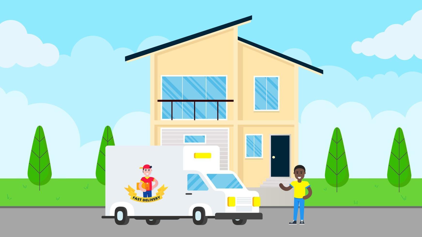 Fast delivery car with cargo shipment and girl with box and clipboard on van flat style design standing near man behind building. Delivery to home concept. Fast and free. vector