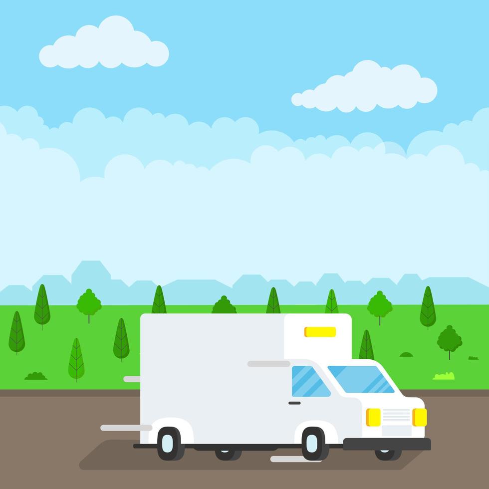 Fast delivery truck service on the road. Car van with landscape behind flat style design vector illustration isolated on light blue background. Symbol of delivery company.