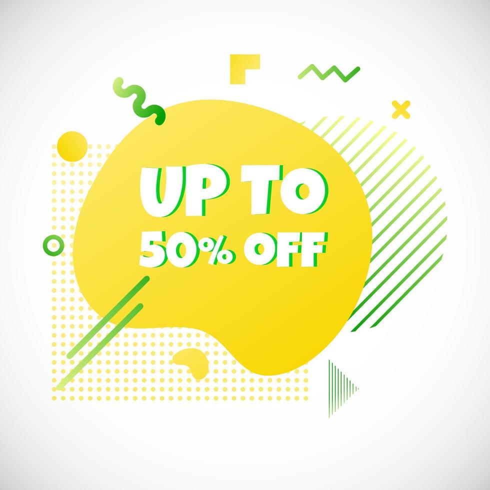 Modern liquid abstract special offer price sign UP TO 50 OFF text gradient flat style design fluid vector colorful vector illustration banner simple shape advertising big sale or clearance symbol.