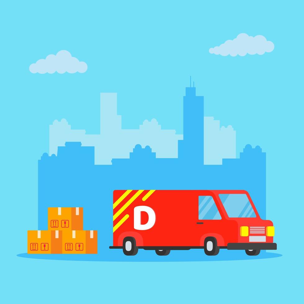 furgoneta de coche de vehículo de entrega roja rápida y personaje de niña con portapapeles y carro y cajas en él ilustración de vector de diseño de estilo plano aislado sobre fondo azul claro.