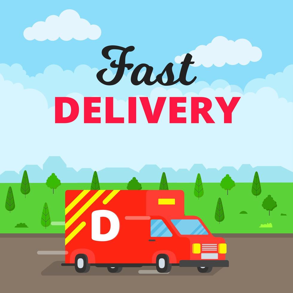 Fast delivery truck service on the road. Car van with city landscape behind flat style design vector illustration isolated on light blue background.  Symbol of delivery company.