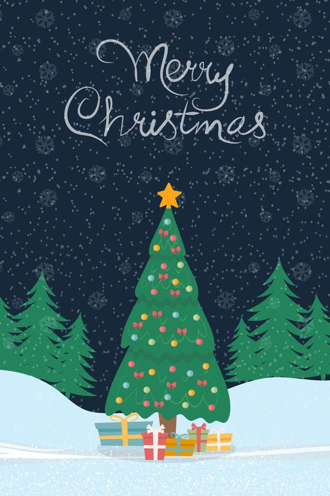 tarjeta de felicitación con un árbol de navidad y cajas de regalo. con la inscripción feliz navidad. vector