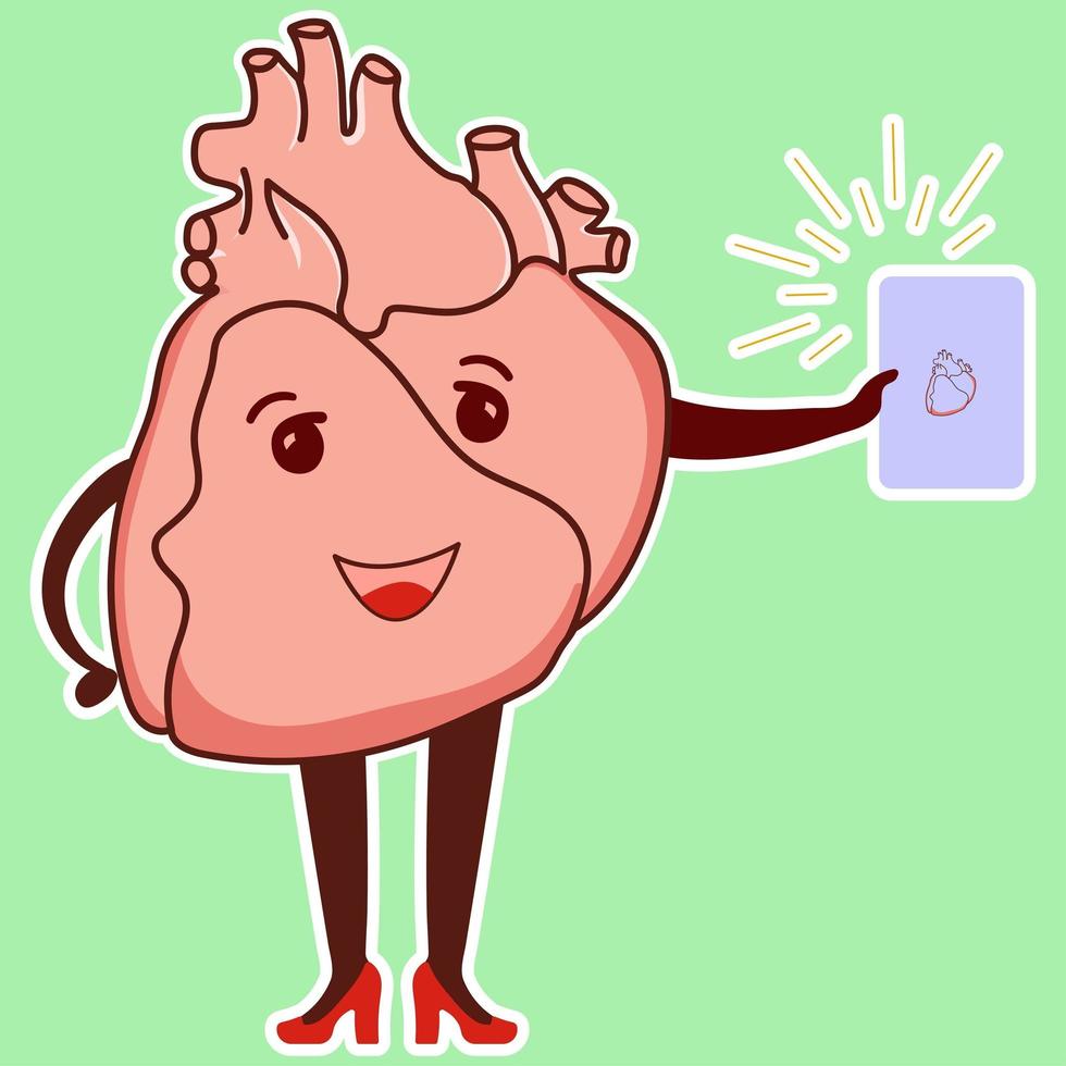 emojis del corazón fisiológico. un lindo personaje de cardiología sostiene un libro en la mano. vector