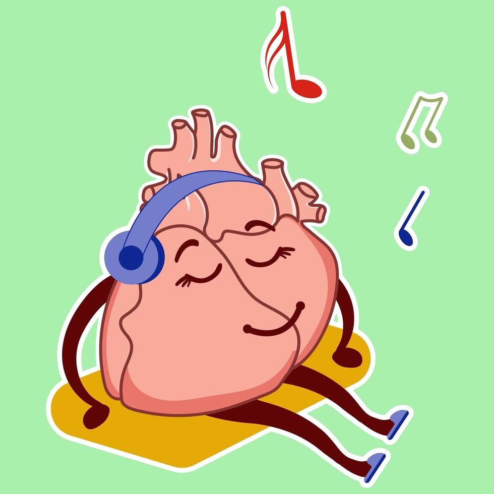 Physiological heart emoticon. A cute cardiological character sits on a rug and listens to music vector