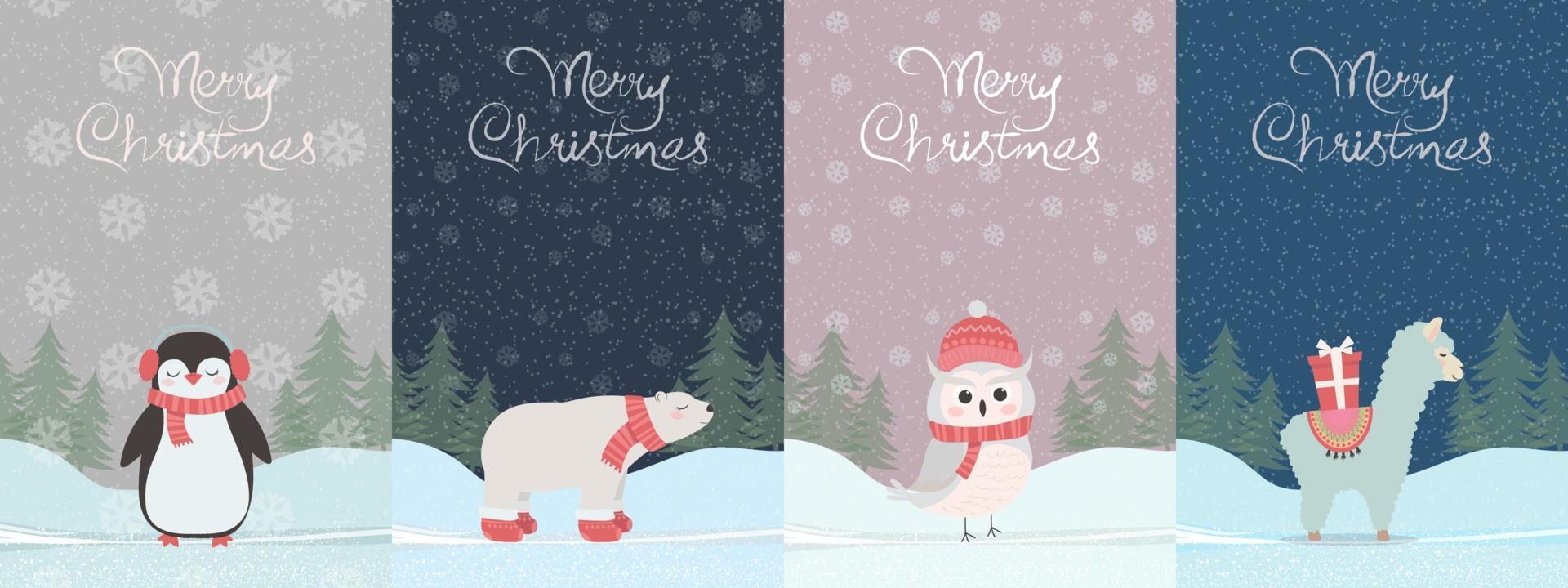 juego navideño de tarjetas de felicitación, con lindos animales. llama, pingüino, oso polar, búho nival. vector