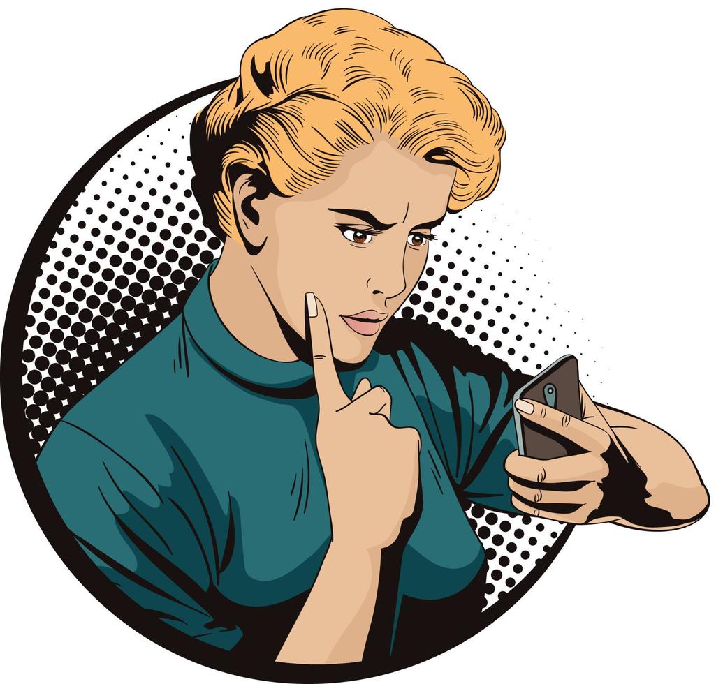 Girl scolds smartphone. People in retro style. vector