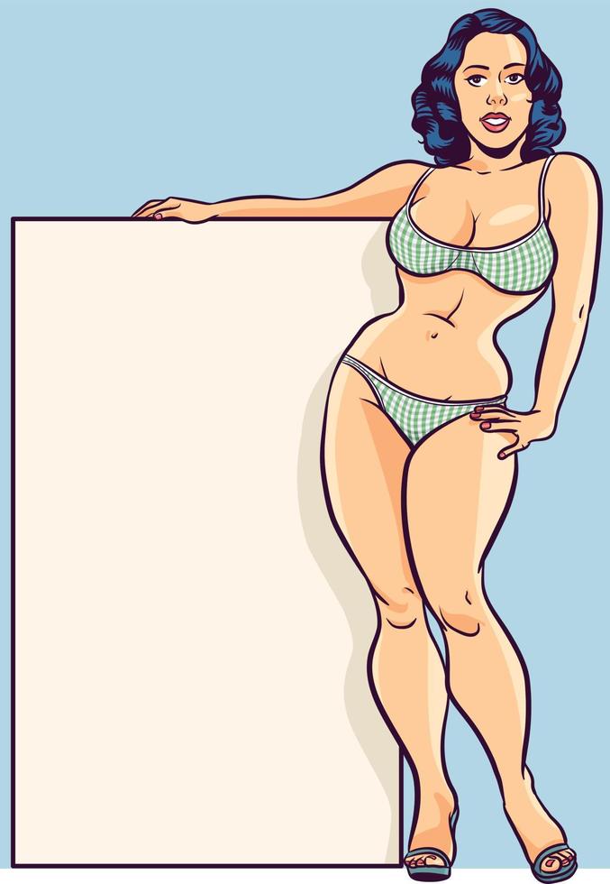 Retro girl holding sign. Stroke, fill, shadow, background and sign being different layers. vector