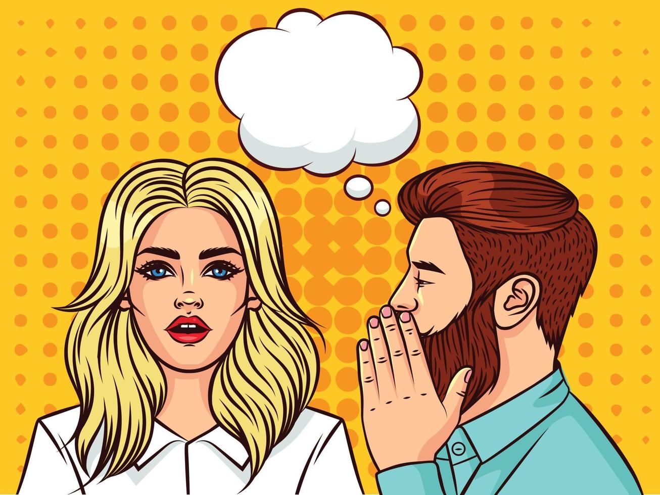 Handsome man wants to tell the secret  beautiful woman. Modern guy and girl of the European type with speech bubble on background of pop art style. Woman with shock emotion on her face vector