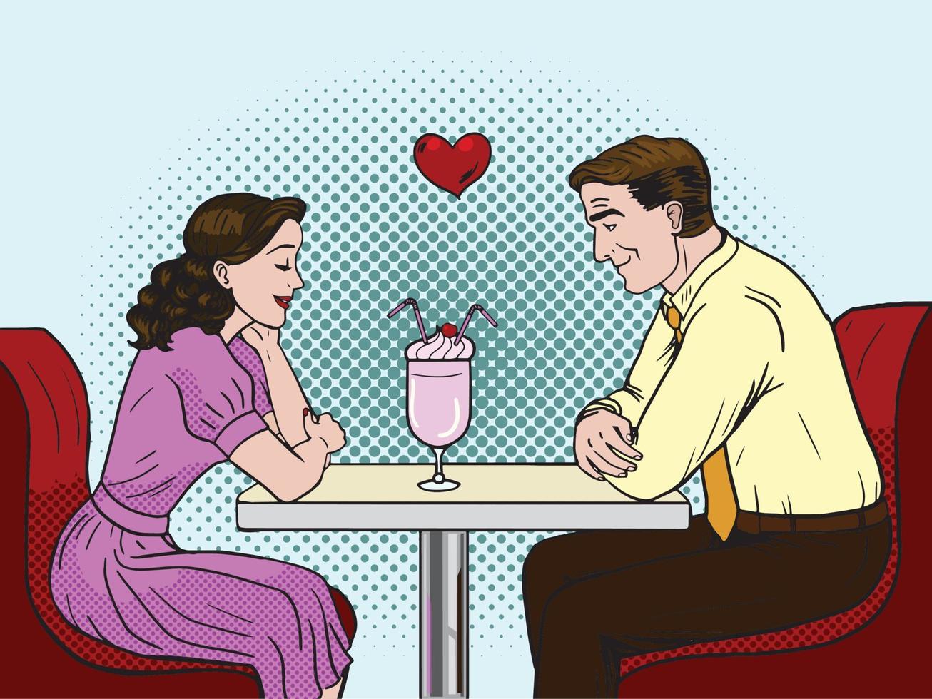 Valentines day vector illustration. . Couple on a date in restaurant. Pop art style vector illustration.