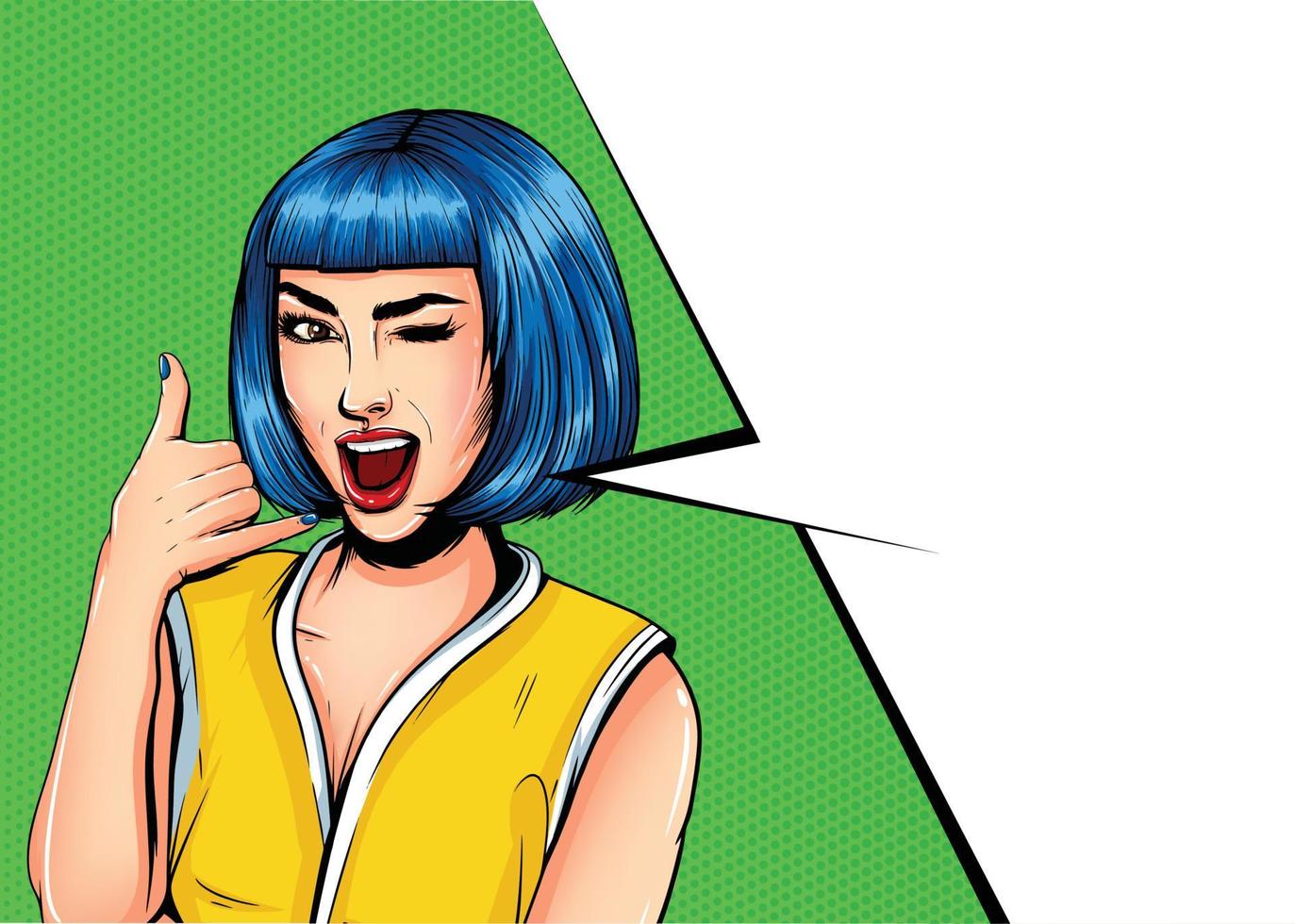 cartel de publicidad vintage de arte pop chica cómica con burbuja de habla. linda chica mostrando llamarme gesto vector