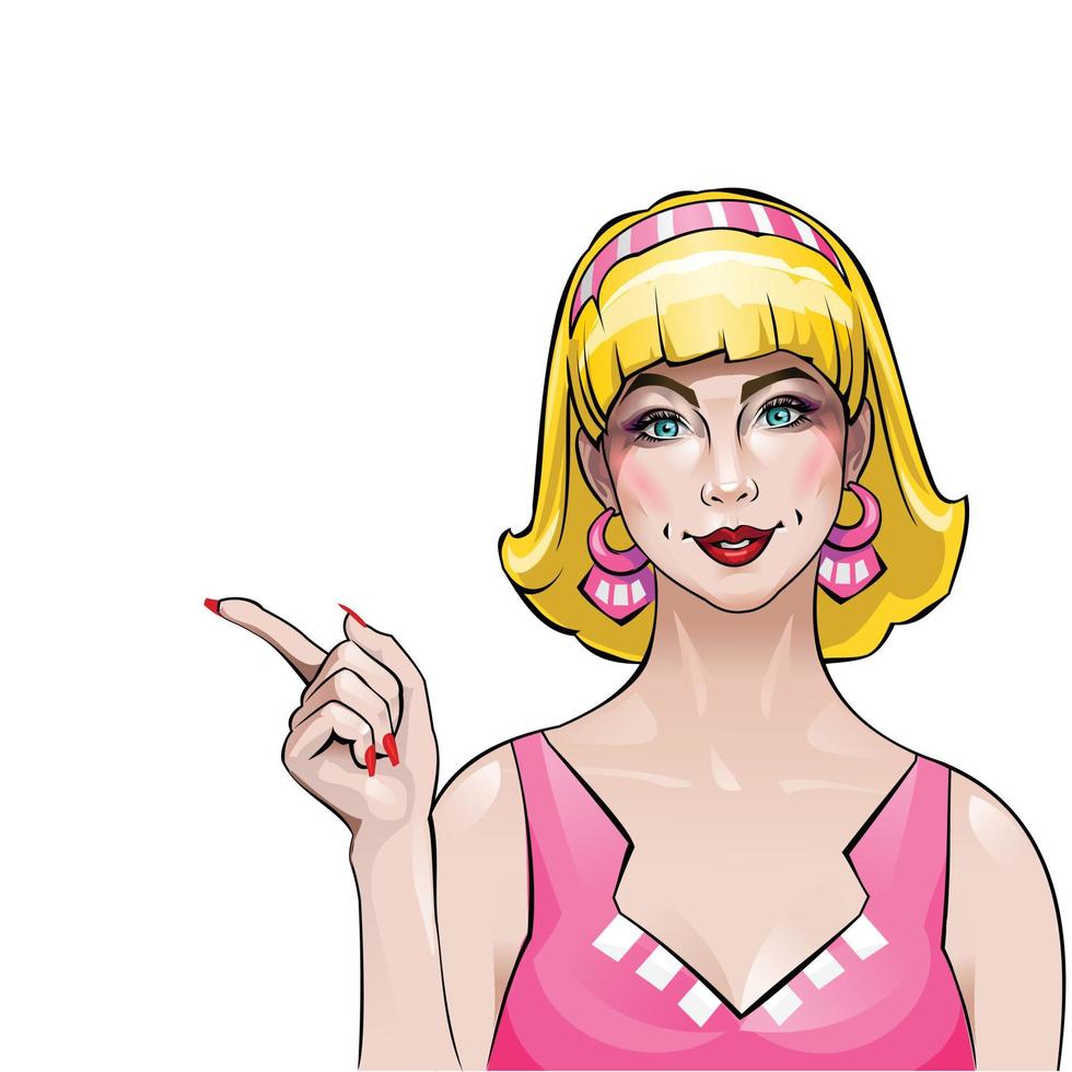 chica vectorial en estilo pop-art señala con el dedo un fondo blanco vector