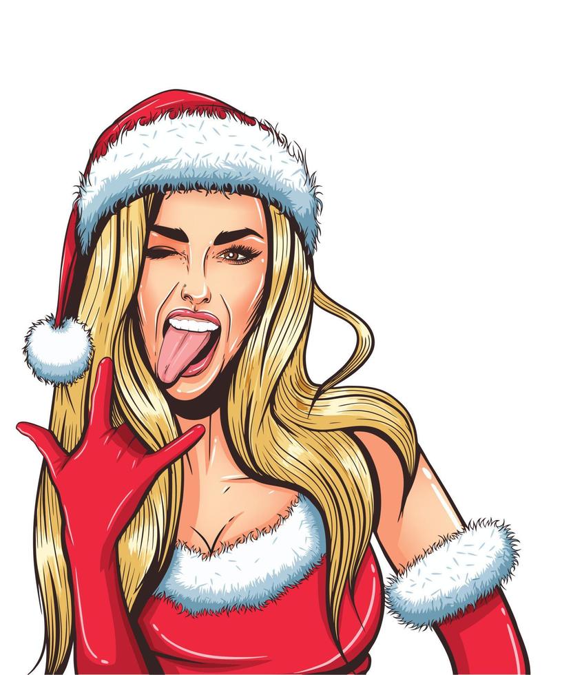 Pop art christmas sexy woman in Santa Claus hat with open mouth. Vector Illustration