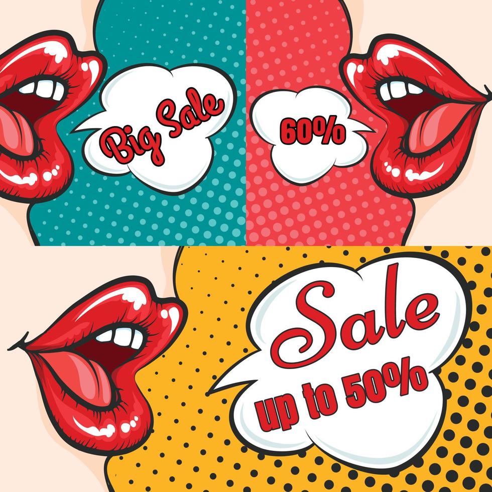 Pop art sale banners collection with woman lips and speech bubbles. Vector illustration