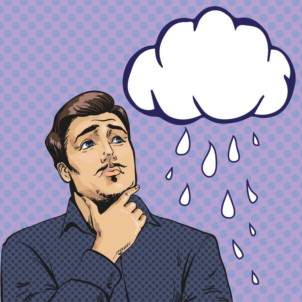 Vector illustration of sad, upset man looking at crying cloud in retro pop art comic style. It is raining. Feelings and emotions concept.
