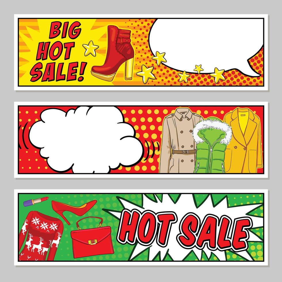 Fashion comic style banners set with hot sale letterings speech bubbles clothing and accessories isolated vector illustration