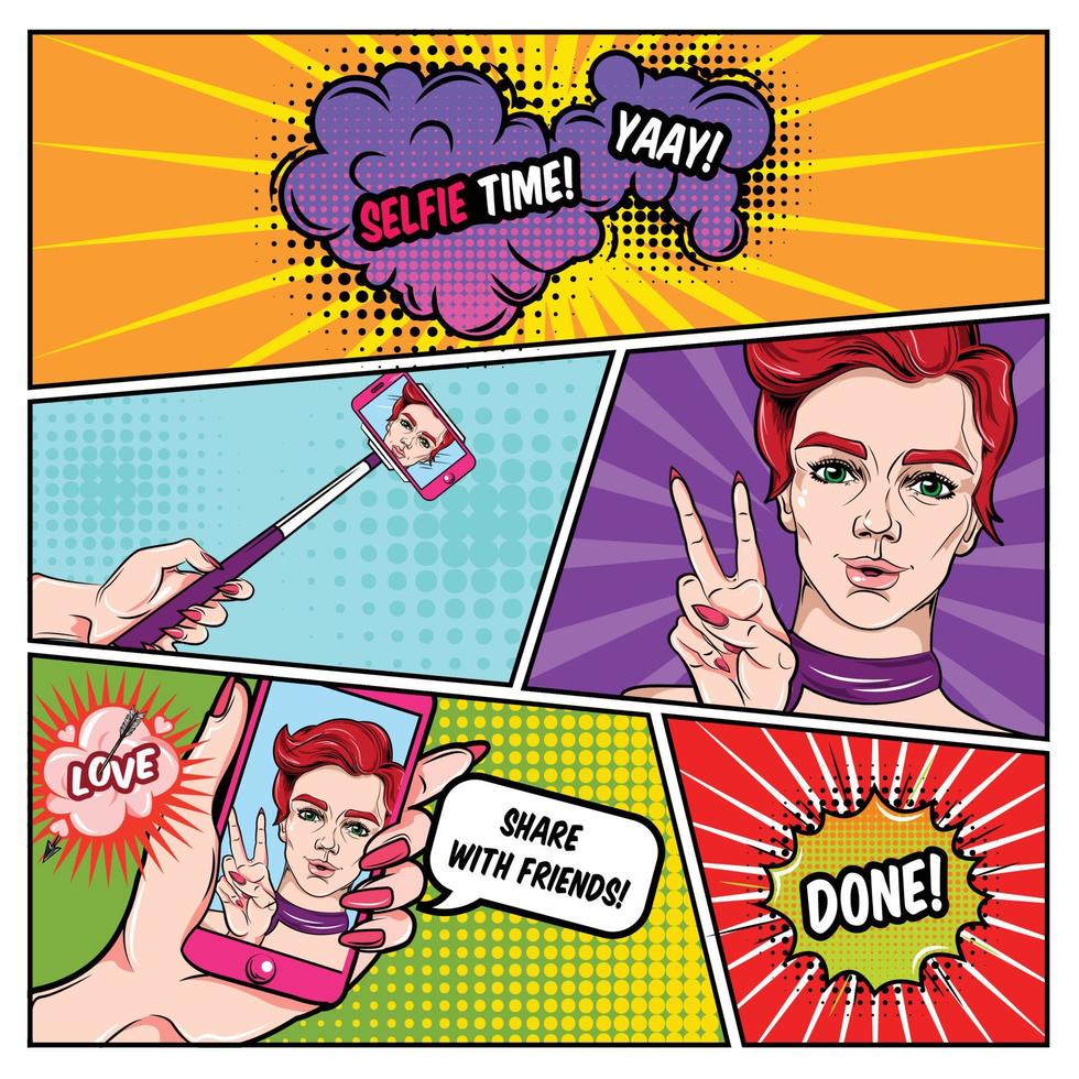 Selfie comics page with smartphone woman and victory gesture speech bubbles on pop art background vector illustration