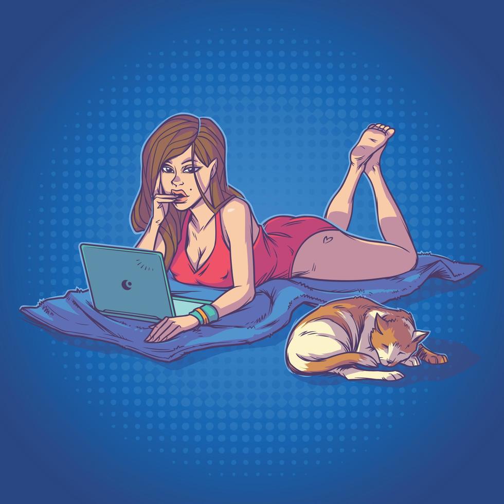 Vector illustration of a young girl at home using laptop while lying on the floor