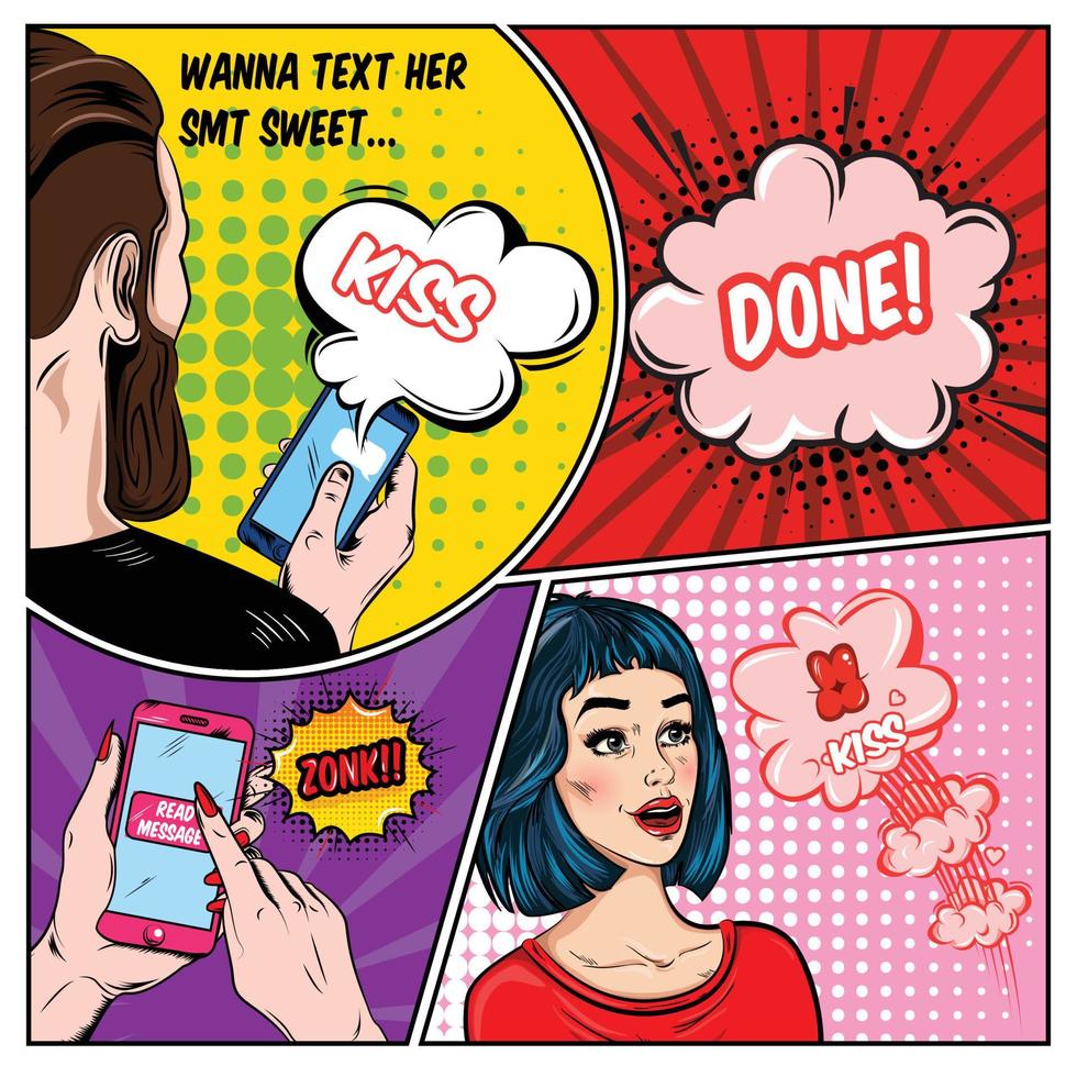 Pop art love romance template with speech bubbles pretty shocked woman and man reading message vector illustration
