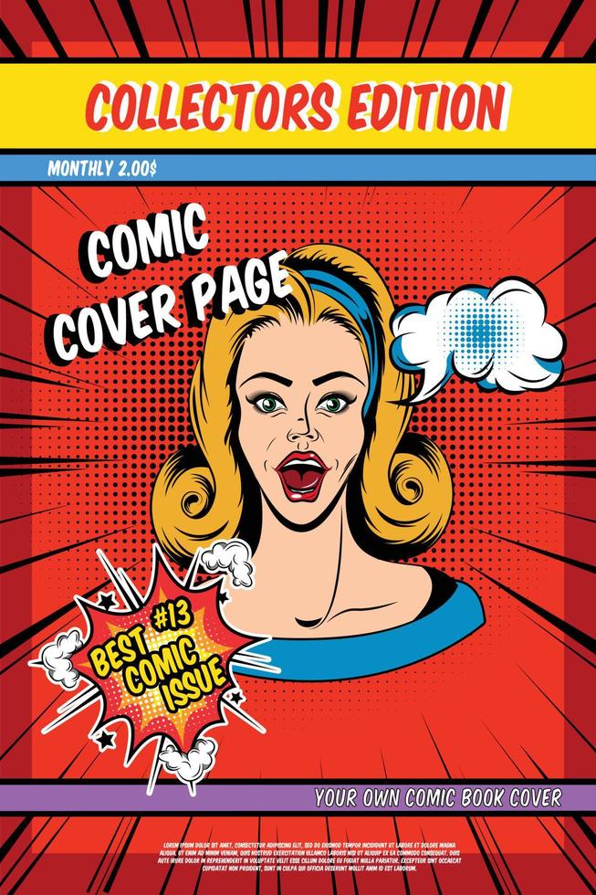 Comic book cover page with pretty woman and speech bubbles on red textured background vector illustration