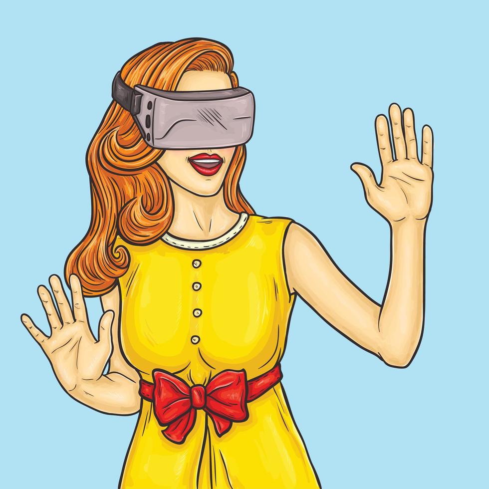 Vector pop art illustration of a pretty young girl uses a virtual reality glasses