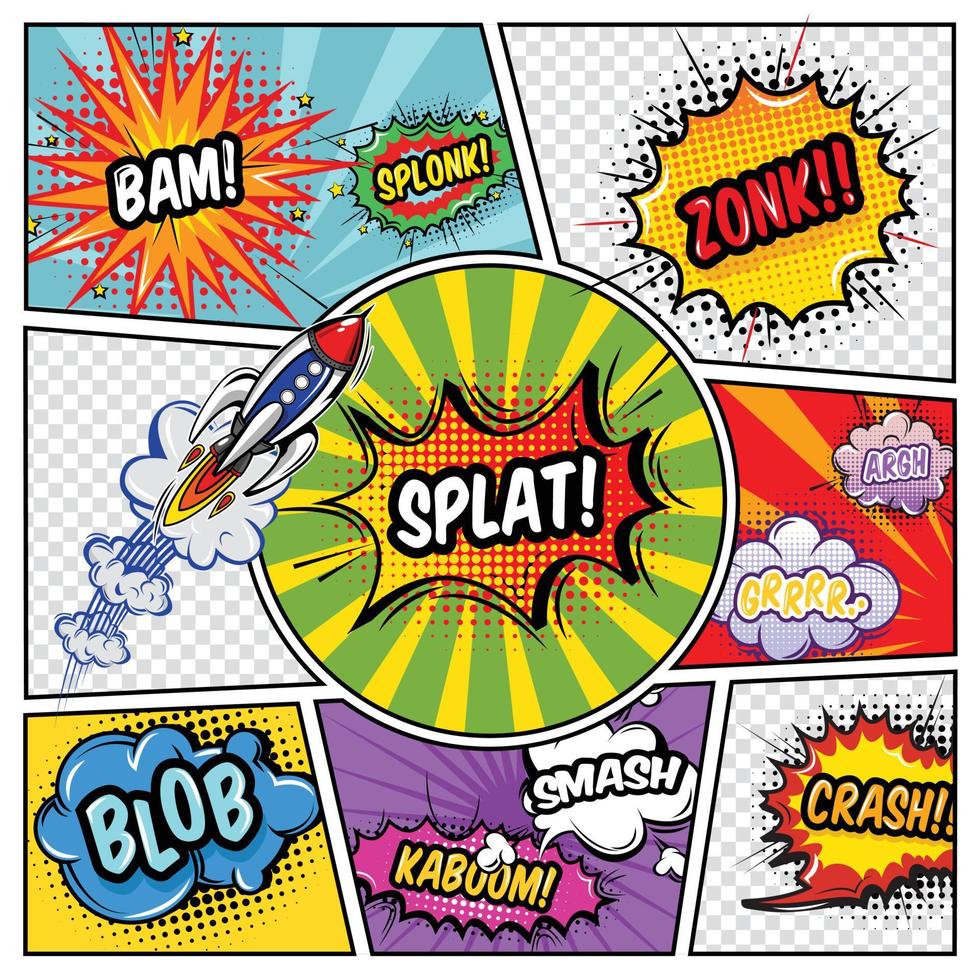 Sound elements comic book with typographic letterings at exploding clouds flying rocket on divided background vector illustration