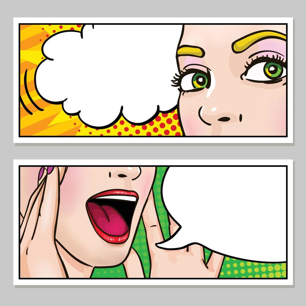 Female face horizontal banners with eyes open mouth and speech bubbles on popart background isolated vector illustration